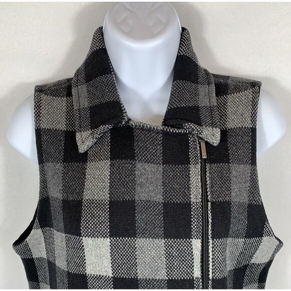 Chaps Sweater Vest Womens Medium Black & Gray Plaid Stretch Knit Full Zip - 304 - Picture 2 of 9